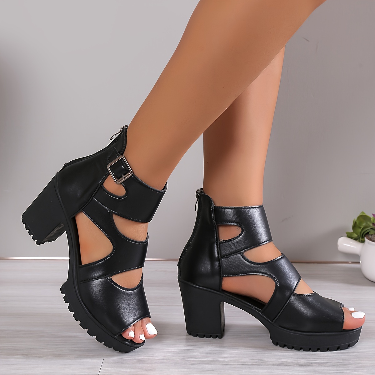 

Women's Chunky Heel Peep Toe Hollow Out Design Sandals, Fashion Outside Banquet Back Zipper High Heel Sandals