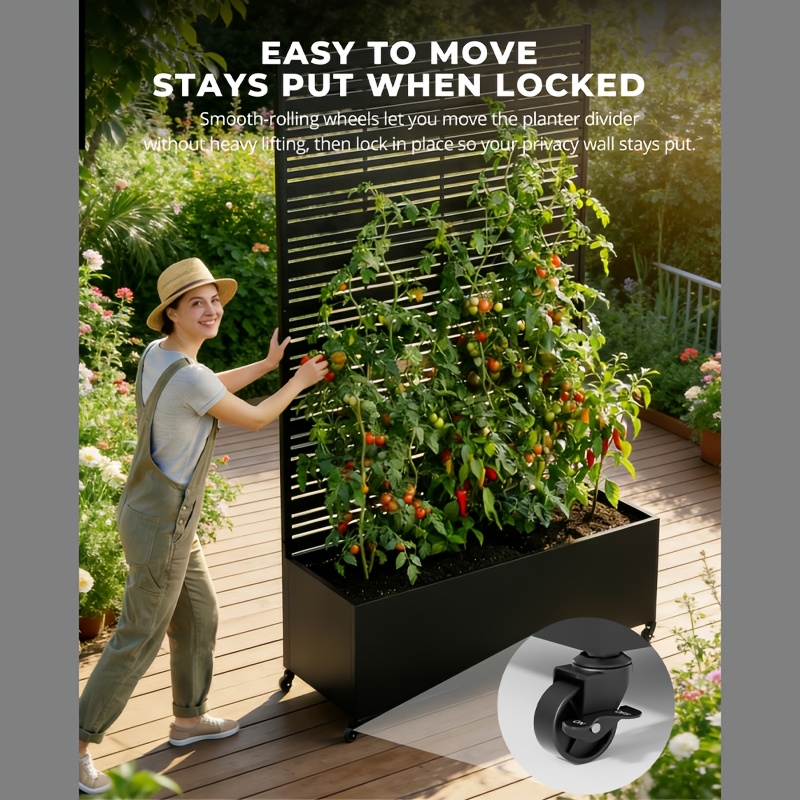 Privacy Fence with Planting Boxes Encrypted Metal Mesh Privacy Screen Black/Wood Grain Weather-Resistant Outdoor Fence Panels Ideal for Backyard Patios, Gardens, And Balconies Safety Barrier Protective Cover Create Outdoor Living Spaces And Decor