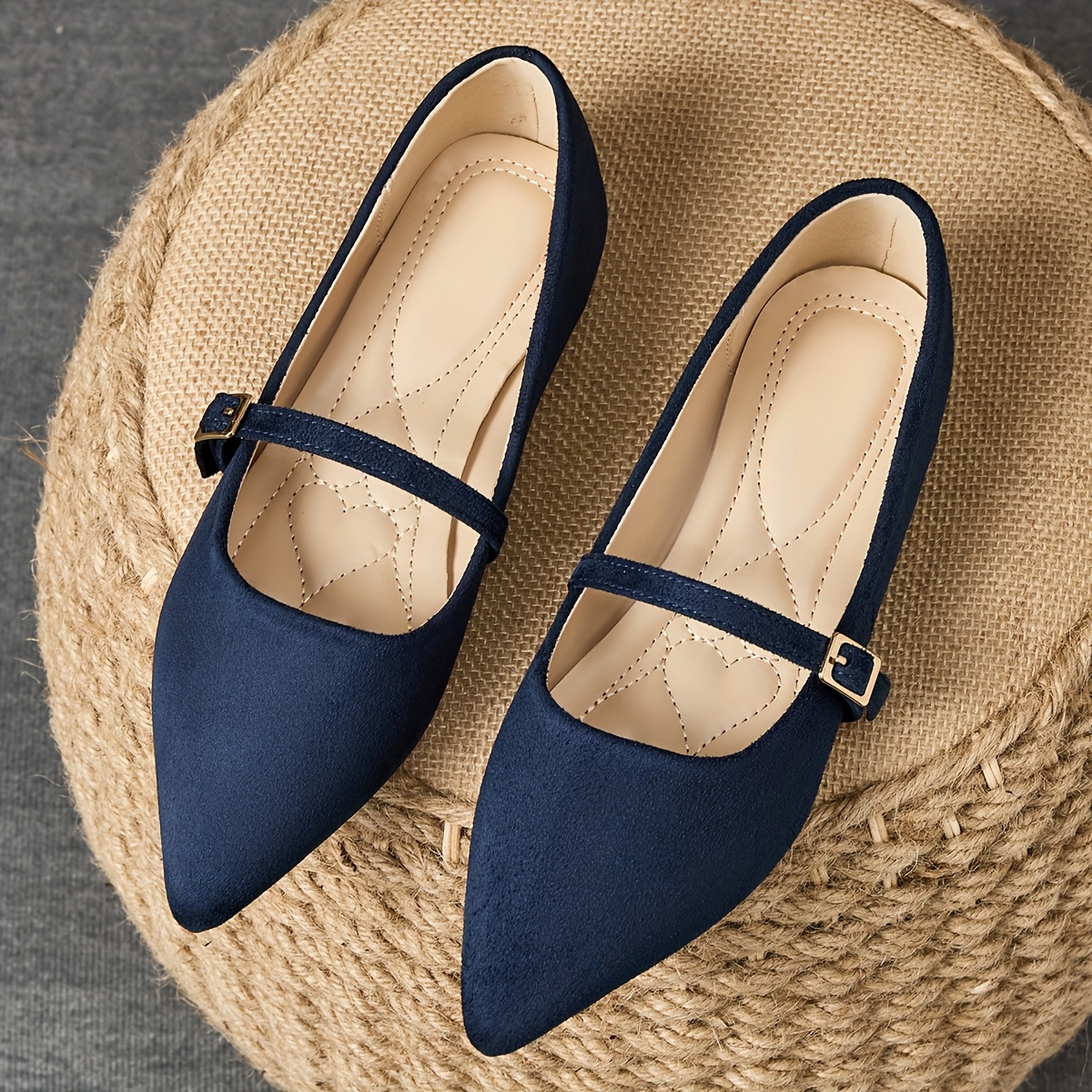 pair stylish navy blue pointed toe slip flats bow detail Temu