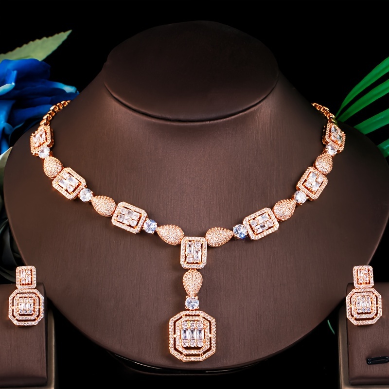 Golden Waterdrop & Rectangle Dangle Pendant Necklace Earrings Set