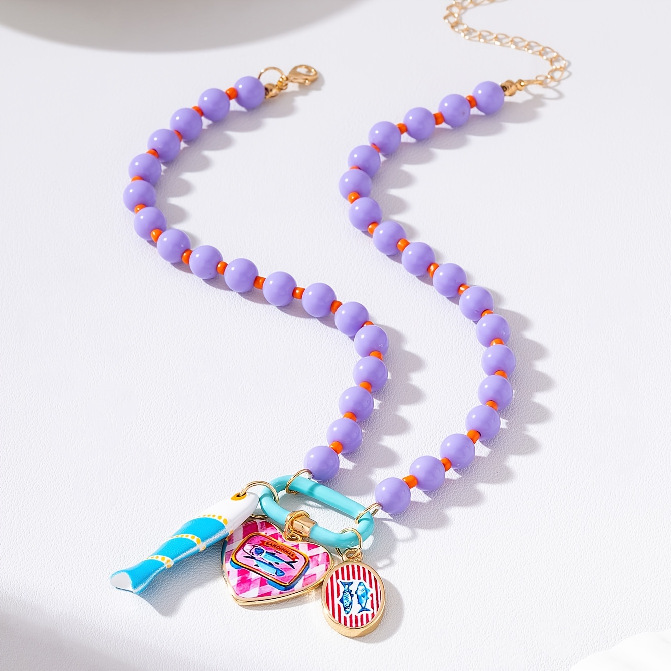 TEMU 1pc Hexy Women's Bohemian Marine-themed Beaded Fish & Heart Pendant Necklace - Plated Suitable For Daily Wear, Beach Parties, Vacations, Gift