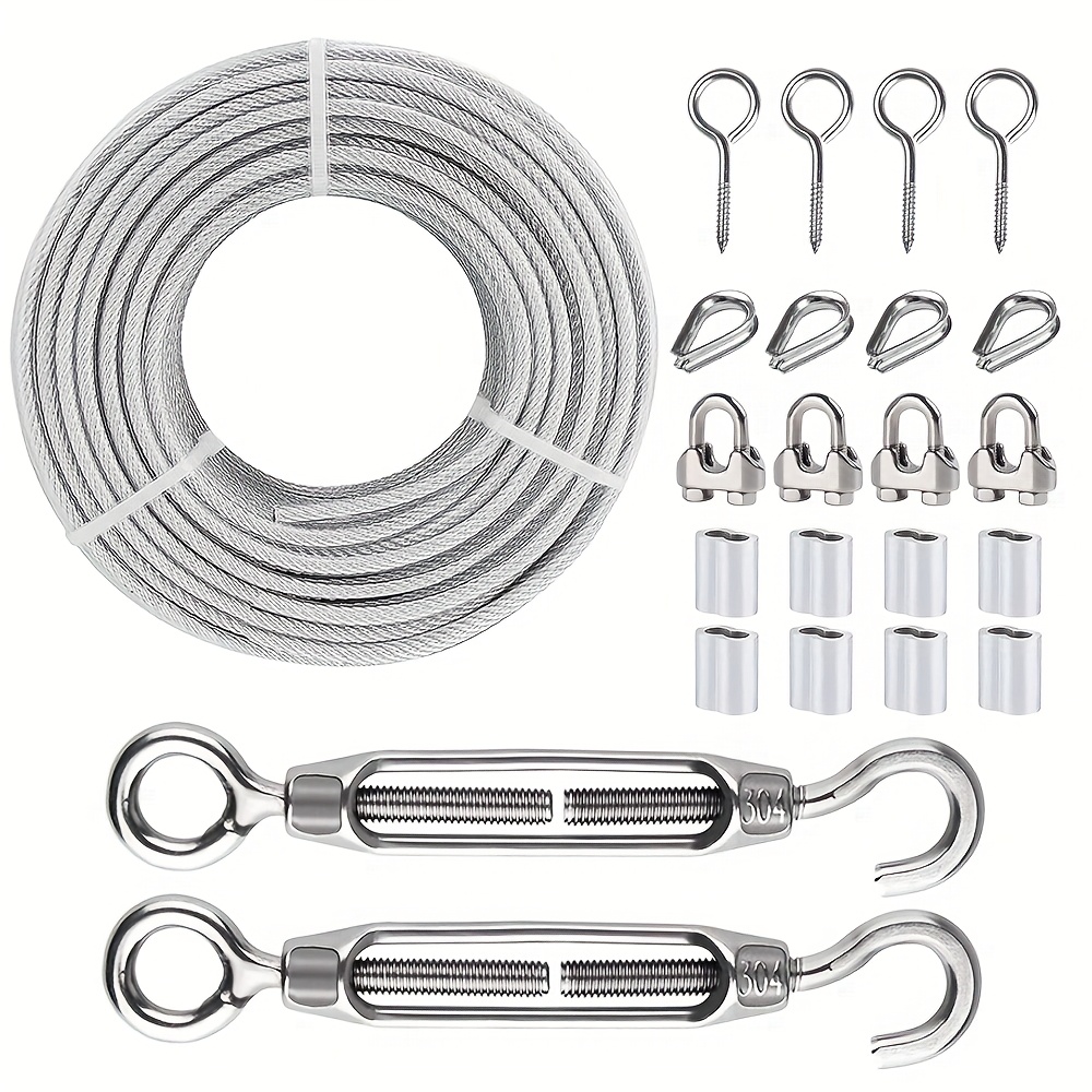 Image of Set Of -shaped Rings, 4 Telescopic Hooks, 4 Steel Clamps, And 4 Cable Clamps Made Of 3mm Stainless Steel Ring-type Self-tapping Screw Pvc Wire Rope Cable Kit