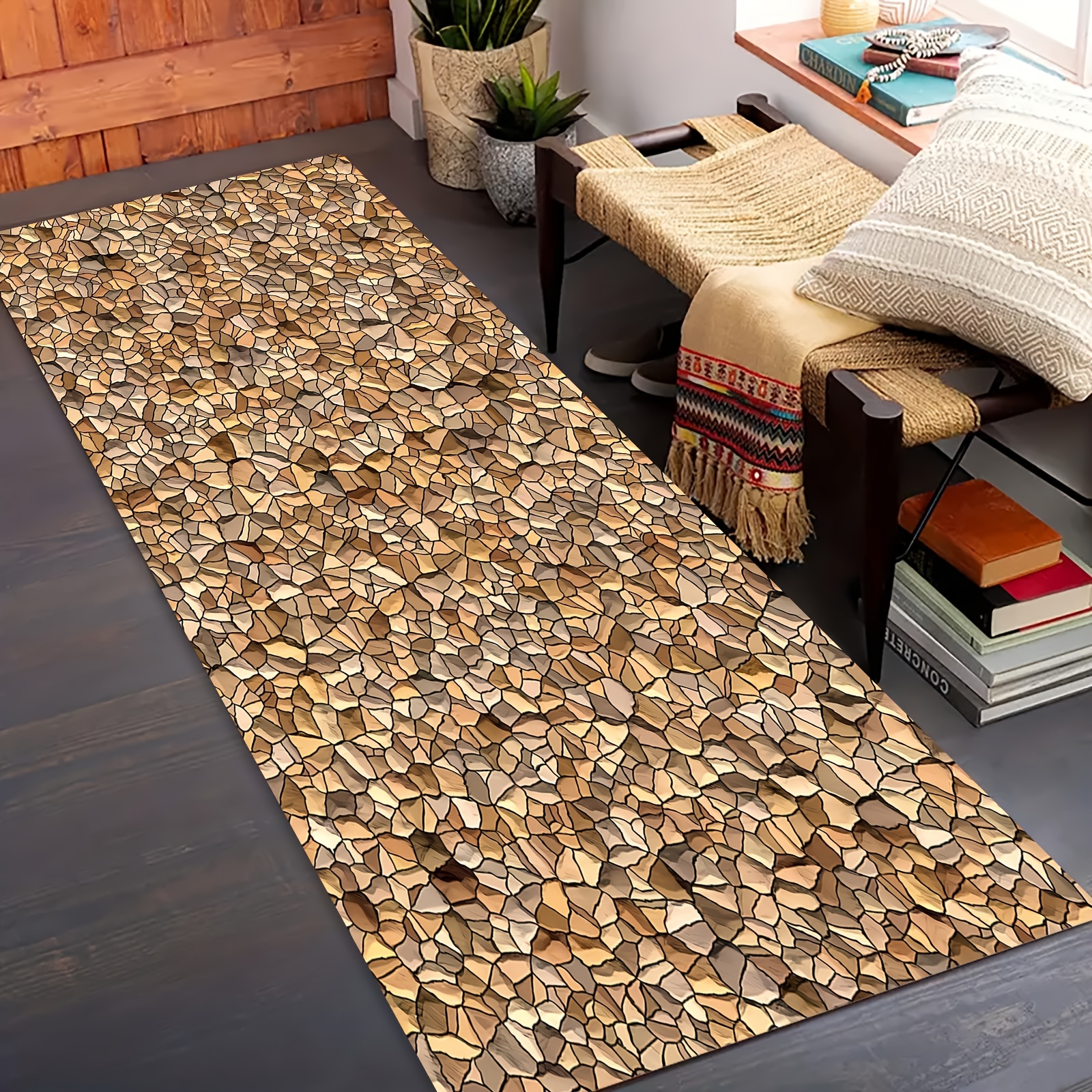 TEMU 1pc Thick 1.1cm Flannel Kitchen Sponge Mat, Irregular Crushed Stone Texture, Brown-brown Retro Tone, Pattern Printed Mat Thickened Anti-slip
