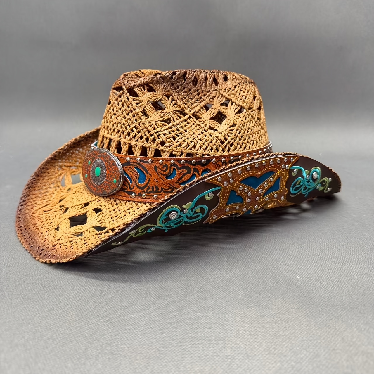 TEMU Chapeau de cowboy occidental en paille, crocheté, effet vieilli, au soleil, avec diamant creux, boucle en agate sculptée et rivets, bord cerclé,