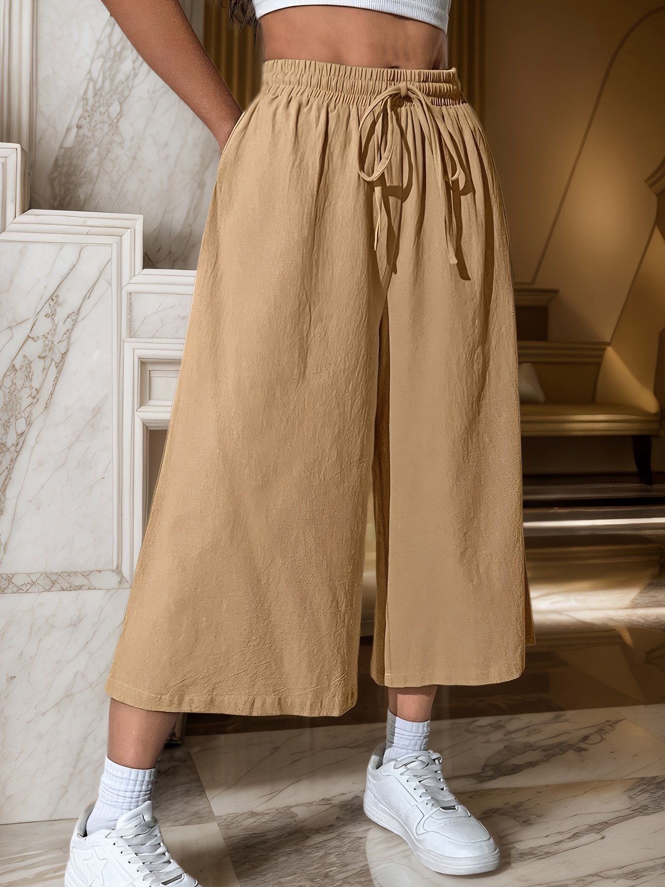 Women's Beige Wide-Leg Cropped Pants with Drawstring Waist Casual Loose  Fit, Polyester Fabric, Elastic Adjustable Waistband Spring/Summ