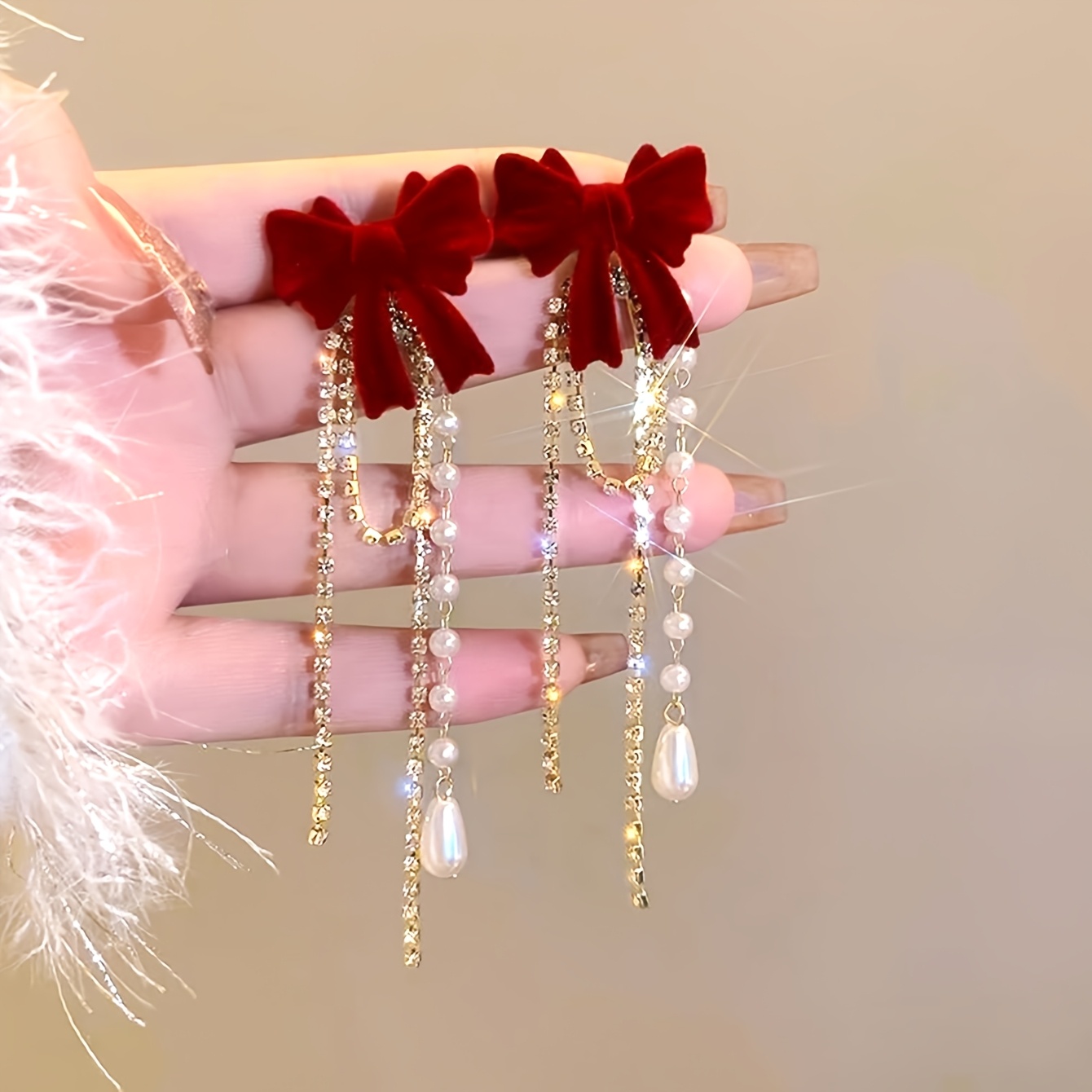 Image of [new] A Pair Of 2pcs, Red Bow Bead Tassel Earrings, High-quality Jewelry, Upgraded Retro Earrings, High-end Decorative Earrings, Suitable For Daily Wear, Additions, Suitable As Gifts For , And