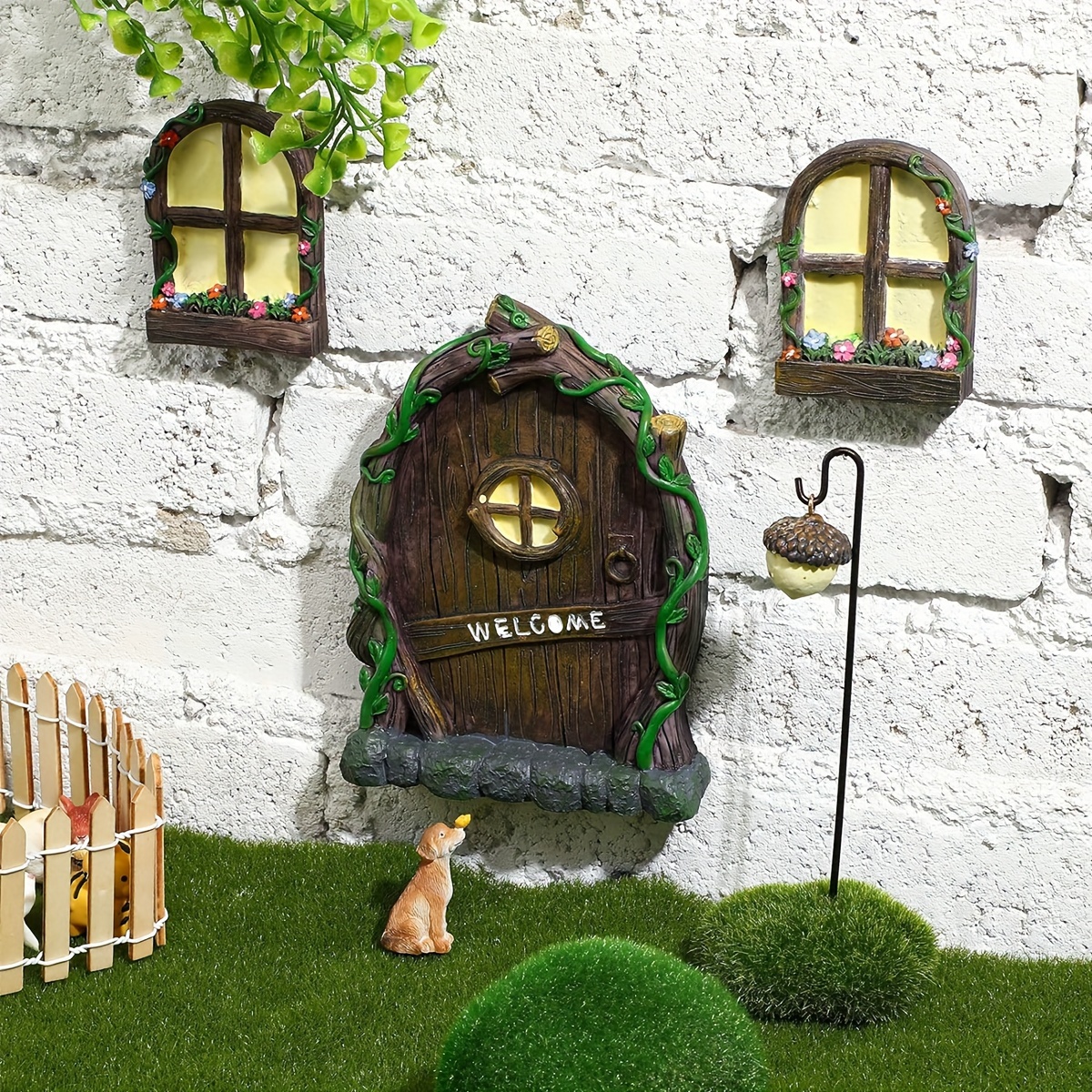 

1set Resin Miniature Fairy Dwarfs Home Windows And Welcome Doors With Fairy Lanterns, Glow-in-the Dark Courtyard Art Sculptures To Decorate Rooms, Walls And Trees Outdoor Decorative Accessories