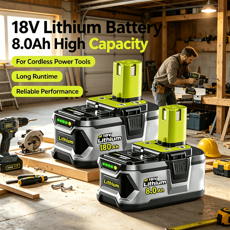 TEMU 2packs 8.0ah P108 Battery Replacement For Ryobi 18v Battery, 18 Volt Lithium Ion Batteries For Ryobi 1 18v Cordless Tools P108 P107 P105 P104