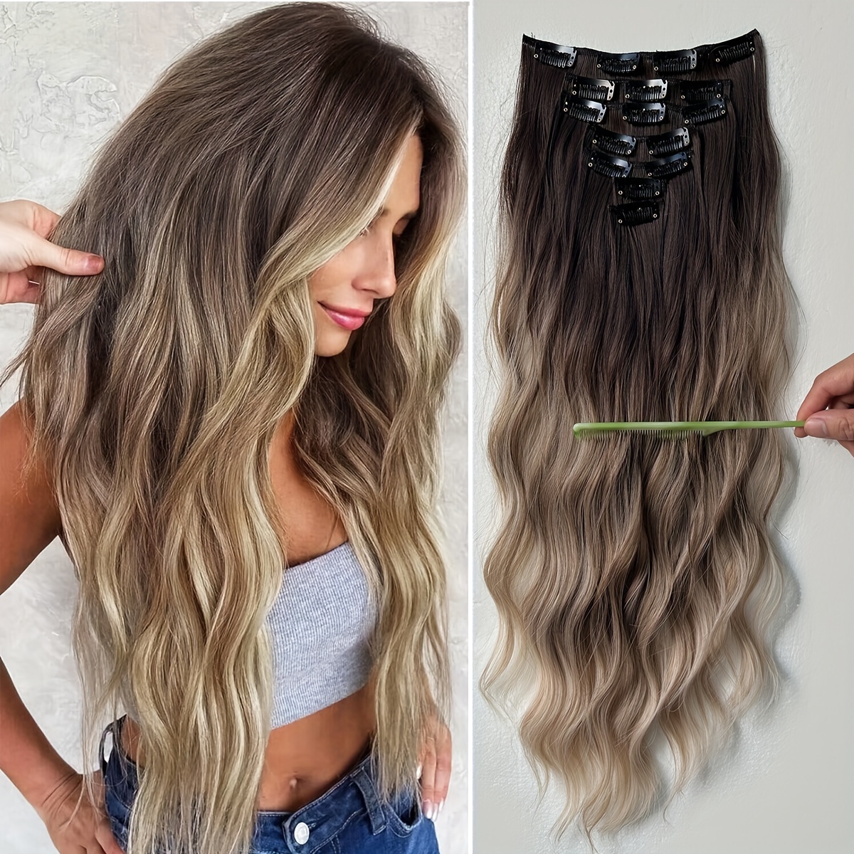 Image of Yusulaxi 22 Inch Long Wavy Clip-in Synthetic Hair Extensions | Gradient Blonde To Brown | Versatile & Natural-looking For All Genders And