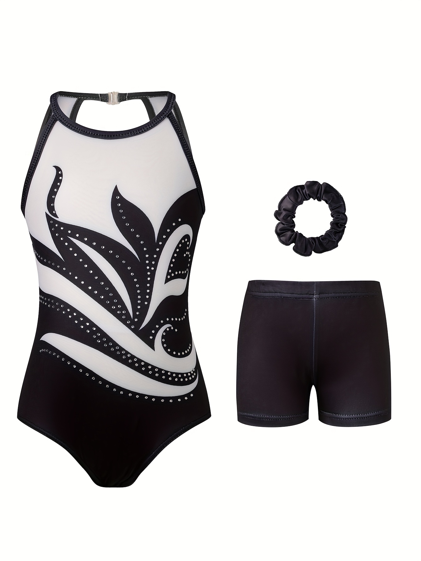 3pcs girls gymnastics leotard set leotard shorts hair tie hot drilled sleeveless hollow back high elastic close fitting gymnastics     summer for outdoor
