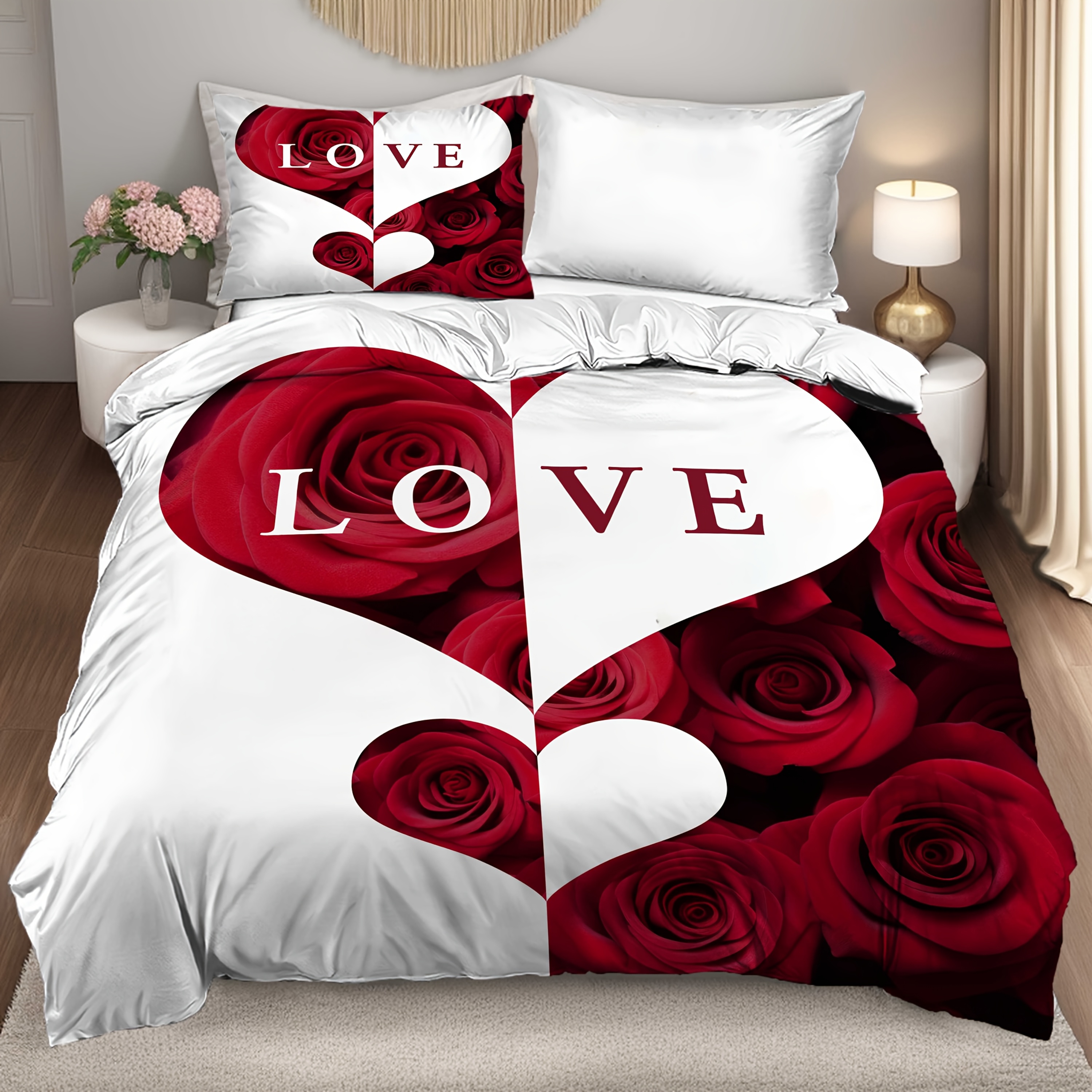 Image of 2pcs/3pcs Duvet Cover Set (1 Duvet Cover + 1pc/2pcs Pillowcase, Without Core), 3d Simple And Elegant White And Red Splicing Printed Bedding Set For Bedroom And