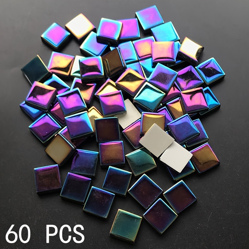 Image of 60pcs Vibrant Iridescent Glass Mosaic Tiles, 0.591x0.591 Inch, Glossy Finish With Rounded Edges - Ideal For Diy Art Projects & Creative Decor Puzzles, Mosaic Craft Kit