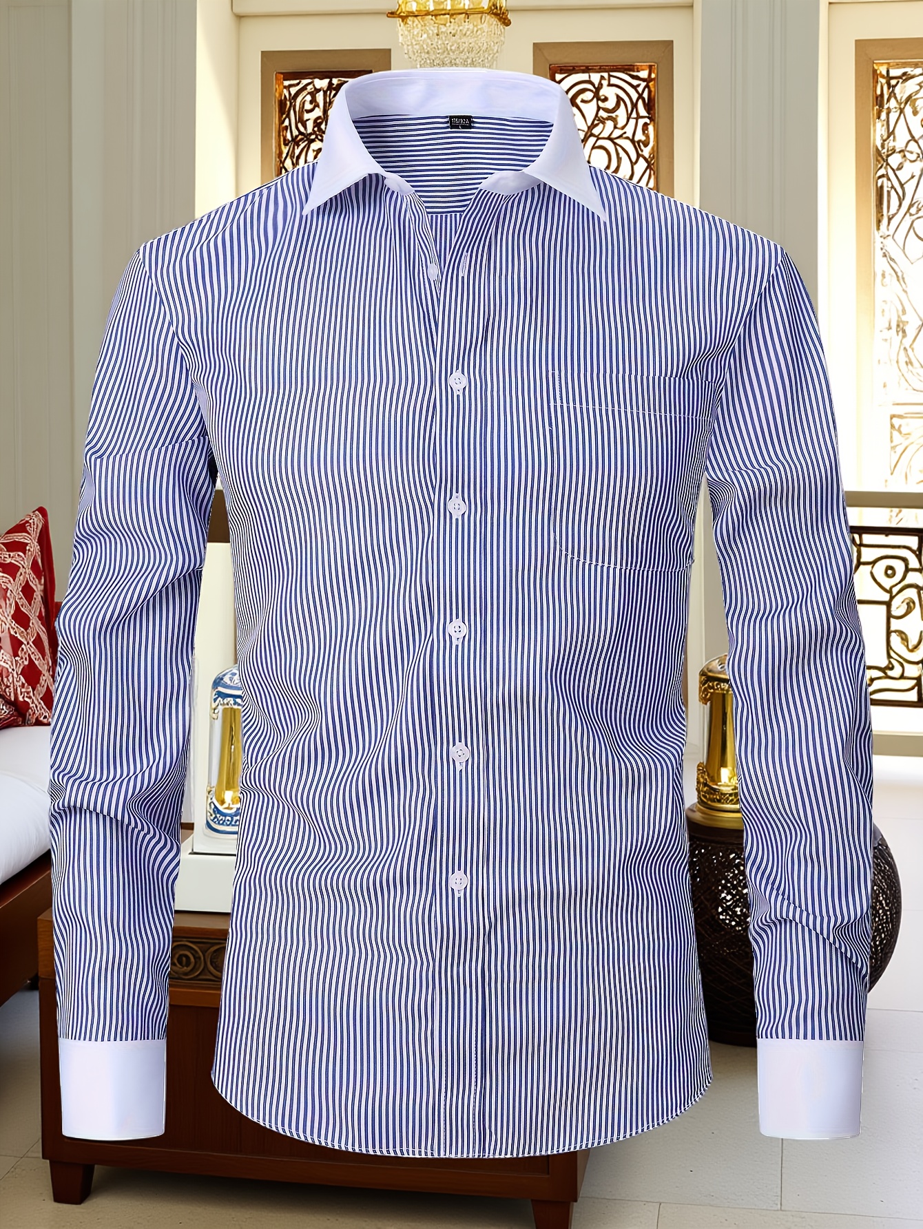 *'S Elegant Striped Button-Up Shirt Blue White Vertical Stripes, Long  Sleeve, Classic Collar, Regular Fit Versatile for Business, Banquets