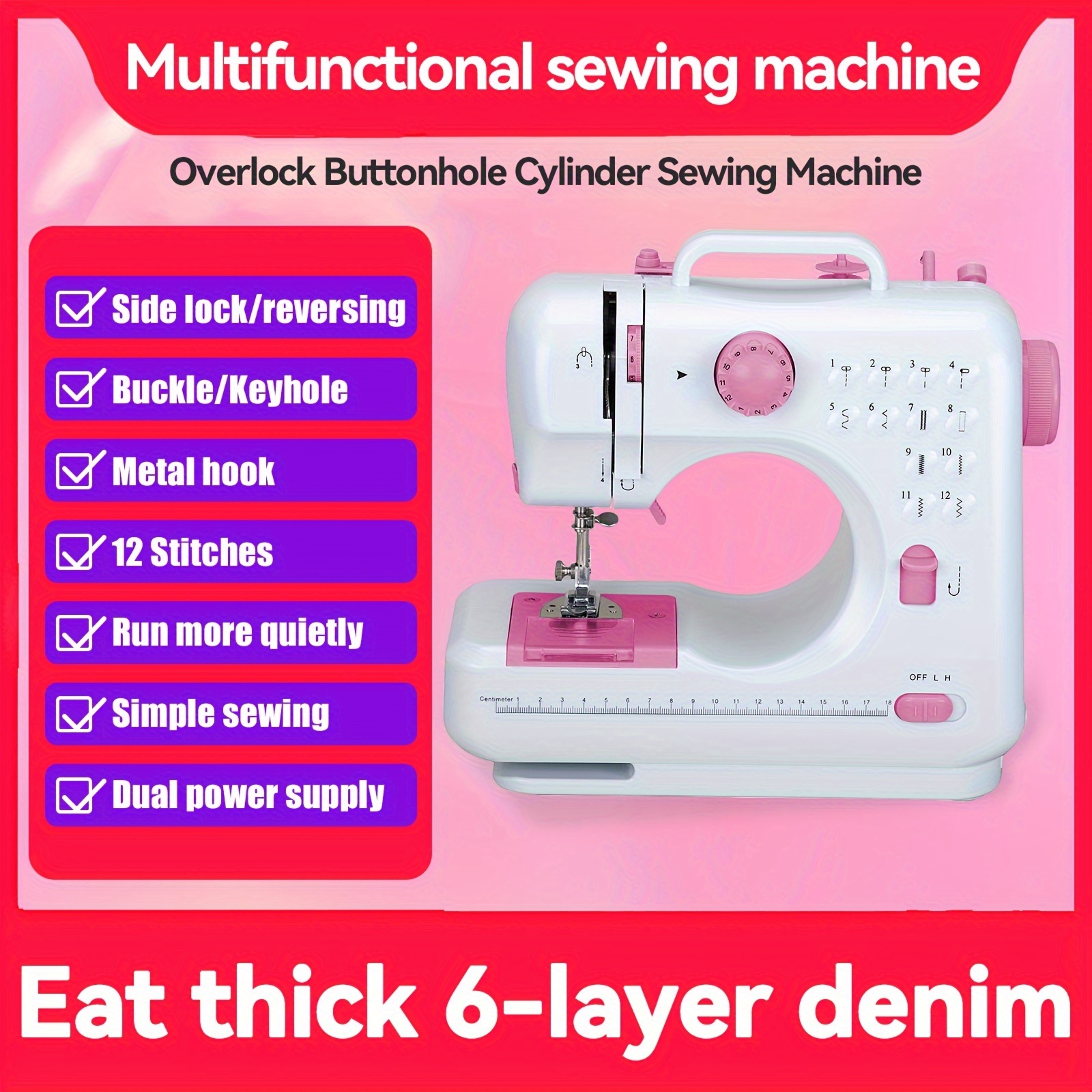 TEMU 12 Sewing Machine, Household Sewing Machine, Electric Sewing Machine, Mini Portable Sewing Machine, Double--speed Reverse