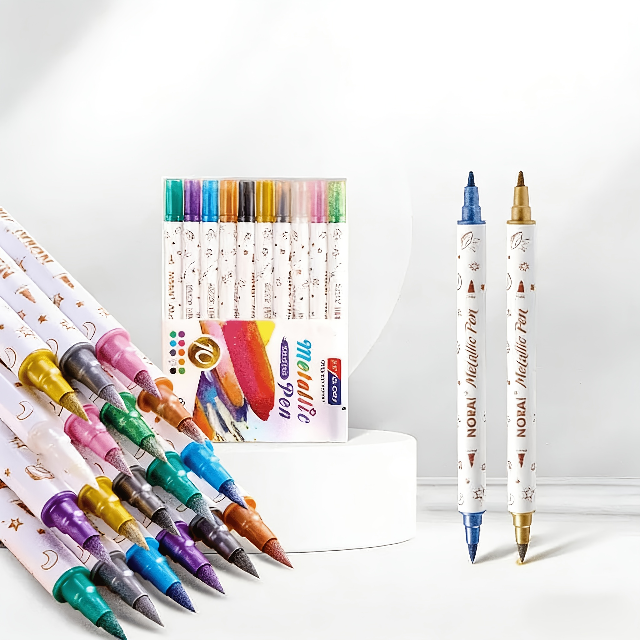 TEMU 10pcs Dual-tip Metallic Glitter Markers Tip & Brush Tip Suitable For Scrapbooking, Ceramic, Stone, Glass - Oil-based Ink For Permanent ,