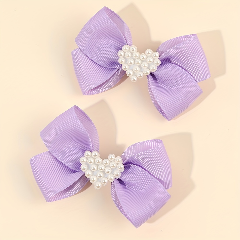 Image of 2pcs Solid Color Hair Bow Clips For Mini Heart Pearls Decor Hair Bow Clips Alligator Clips Hair Additions For Teens