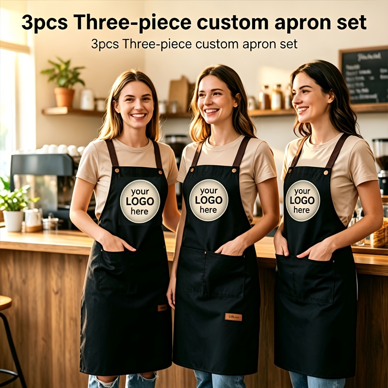 TEMU Ensemble de 3 tabliers personnalisés pour personnel de café avec logo, tablier de chef personnalisé avec photo et texte, sangle marron réglable