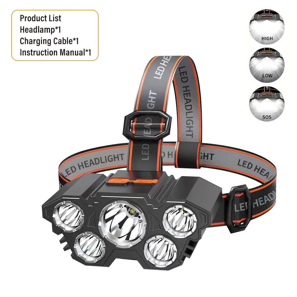 1pc Rechargeable Headlamp, 5 Led Headlamps, Lightweight Usb-rechargeable Headlamp, 3 , Ideal For Outdoor Running, Hunting, Fishing, Hiking, Camping, And Work