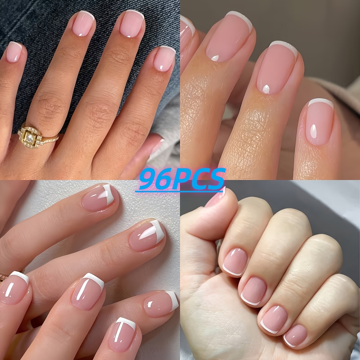 TEMU 96 Pezzi Unghie Finte Corte Quadrate French Indossabili Unghie Europee Rosa Chiaro Adesive per Unghie, Unghie Finte Delicate, Unghie Bianche per