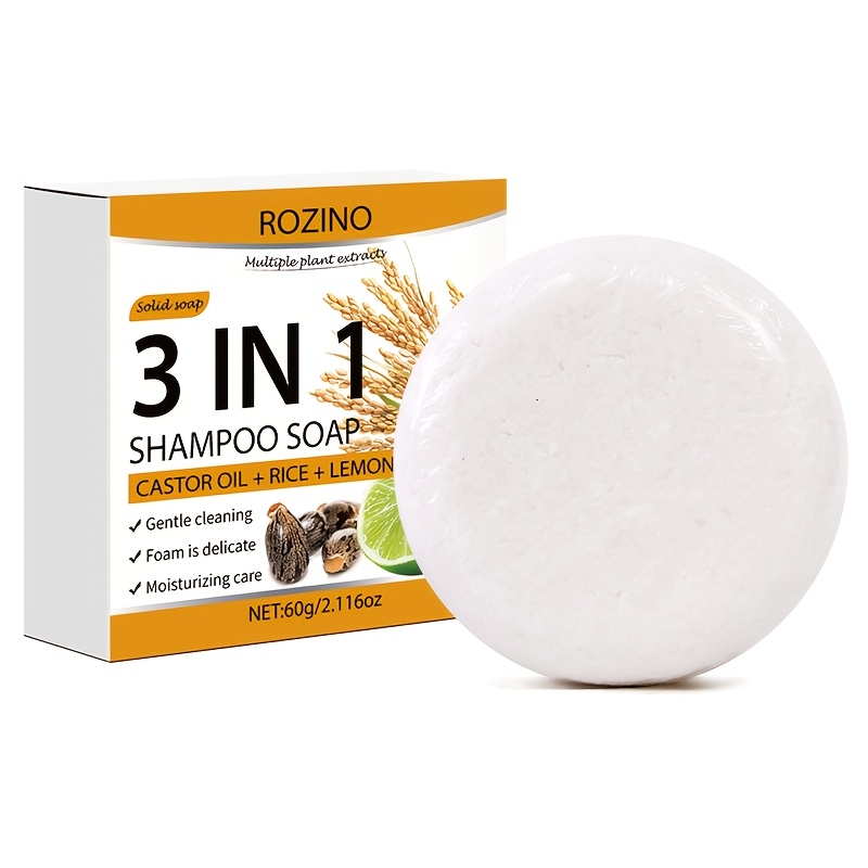 Image of 60g 3in 1 Castor Oil Rice Lemon Shampoo Soap, , Refreshing And Oil Control, Moisturizing Hair Care, Delicate Foam, Keep Hair , Easy To Carry, Suitable For Daily And Travel Use