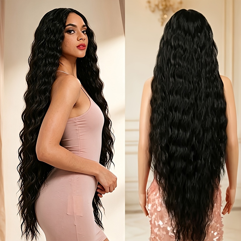 TEMU Extra-long Center-part Black Elegant Long- Ripple Wig, Made Of High-temperature Resistant Synthetic Fiber With A Breathable And Simulated Scalp.