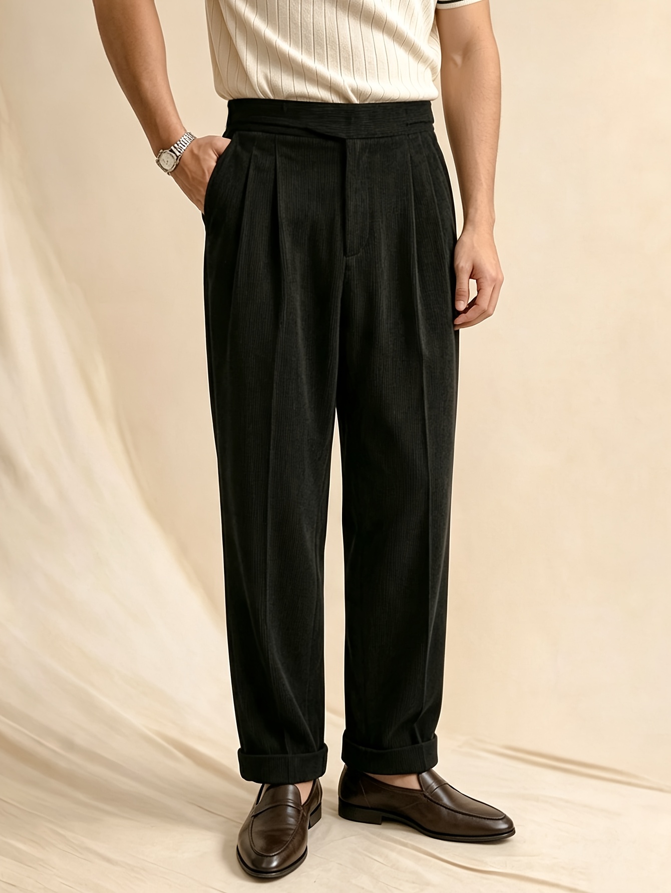 Spring/Autumn New Corduroy Ribbed Cotton Fabric Light Business Elegant Italian Neapolitan Solid Color Button Double Pleat Straight-Leg Trousers Men's Formal Pants Gurkha Pants Suit Pants, Suitable for Daily Work Commuting Office, Classic Tailoring