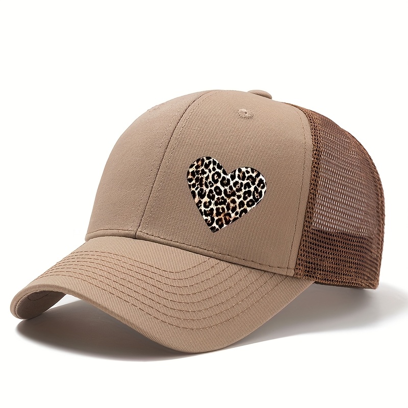 Image of Unisex Fashion Printed Leopard Heart Baseball Cap, Summer Outdoor Mesh Breathable Curved Brim Hat, Trucker Cap, Casual Occasions Like Outdoor Activities, Vacation, Travel, Camping