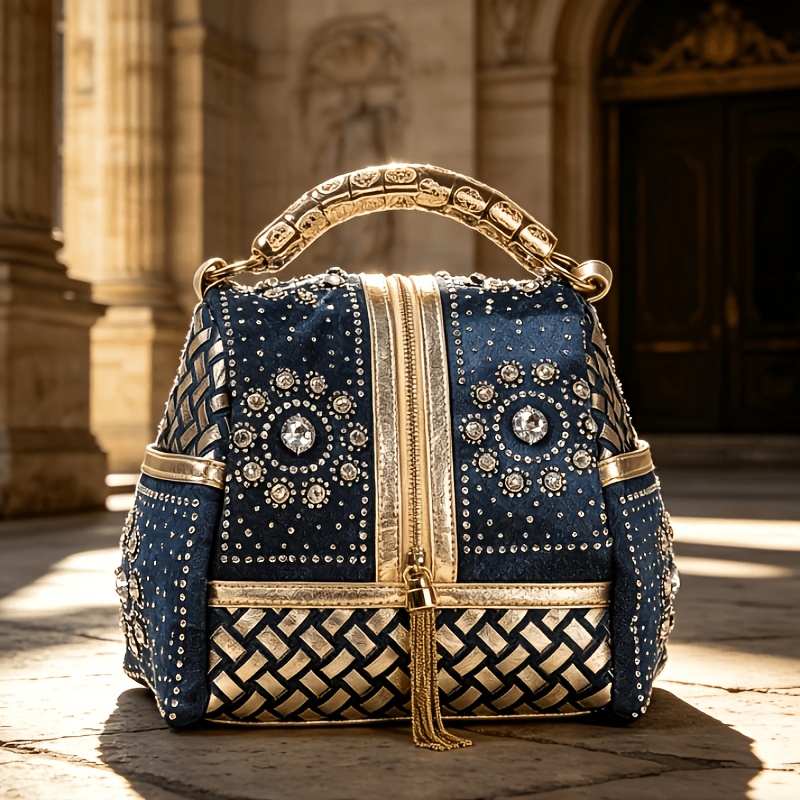 TEMU Vintage Bohemian Style Denim Golden Jewelry Handbag, Light Luxury With Crystal Inlaid Denim Briefcase, Diamond Inlaid Decoration, Detachable