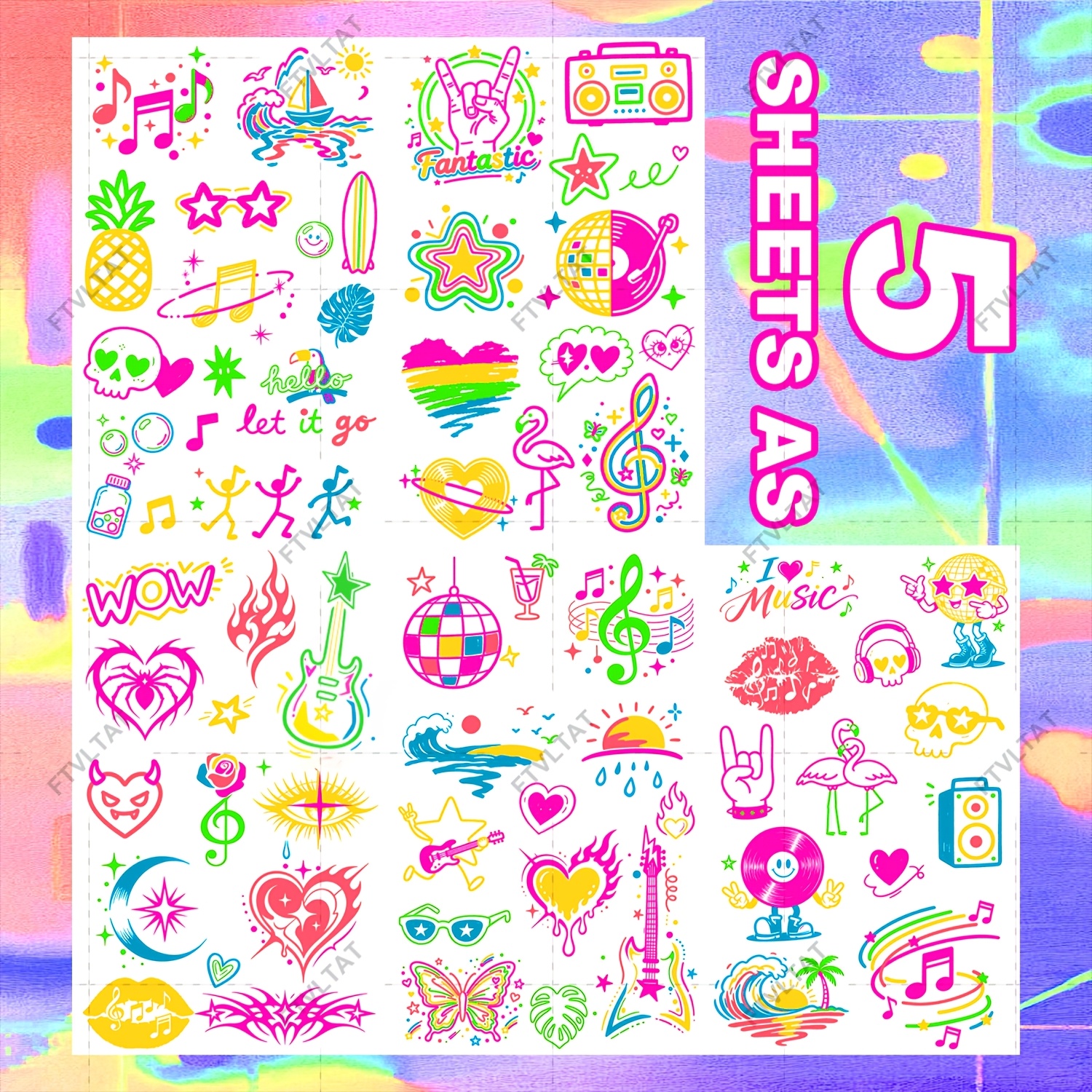 Image of Ftvltat 5 Sheets 60+ Designs Glow In The Dark Temporary Tattoos, Neon Fluorescent Waterproof Body Stickers, Luminous Face Tattoos For Music Festival, Rave, Party, Night Out, Halloween Waterproof