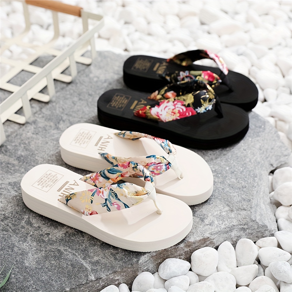 

Women's Floral Print Satin Flip Flops, Comfy Summer Outdoor Slide Shoes, Lightweight Beach Slides