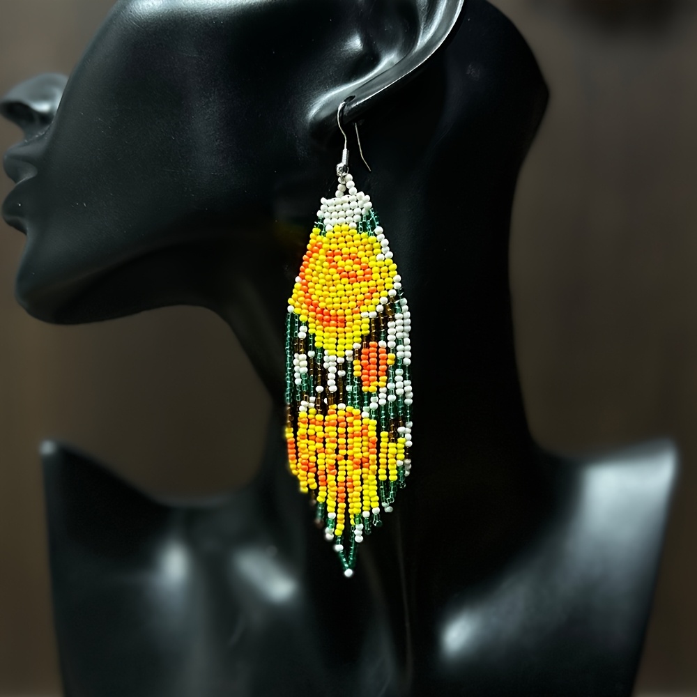 Elegant Handmade Flower Beaded Tassel Drop Earrings for Women