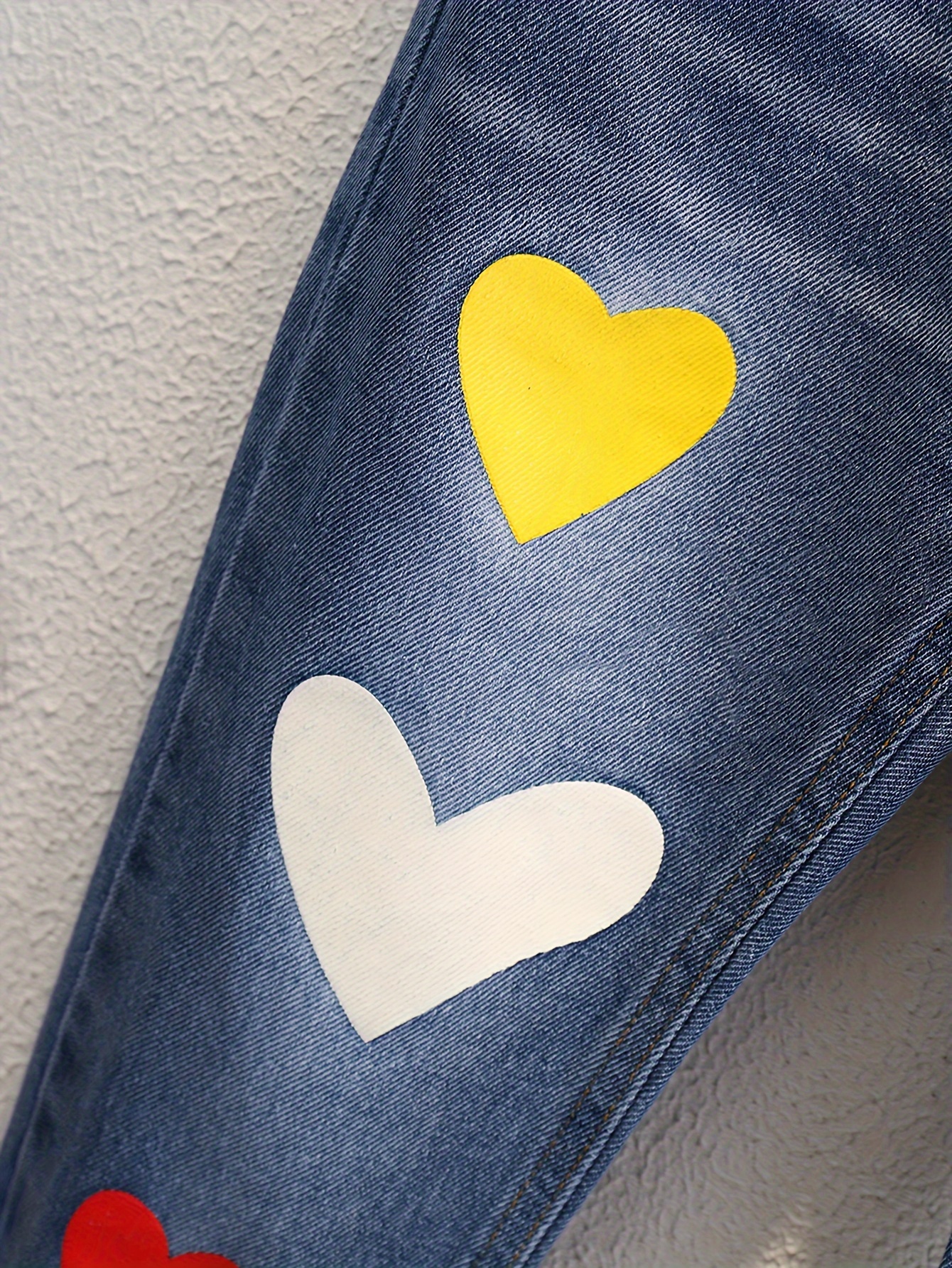 Girls Cute Heart Graphic Roll Hem Elastic Waist Casual Jeans