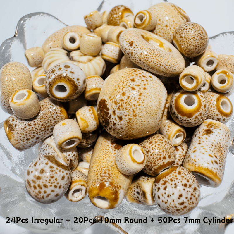 TEMU .94pcs Mixed Ceramic Beads Set, 14 Assorted Shapes, Large Irregular Beads In Brown & White Tones, Glazed Ceramic Beads For Making, Bracelets,