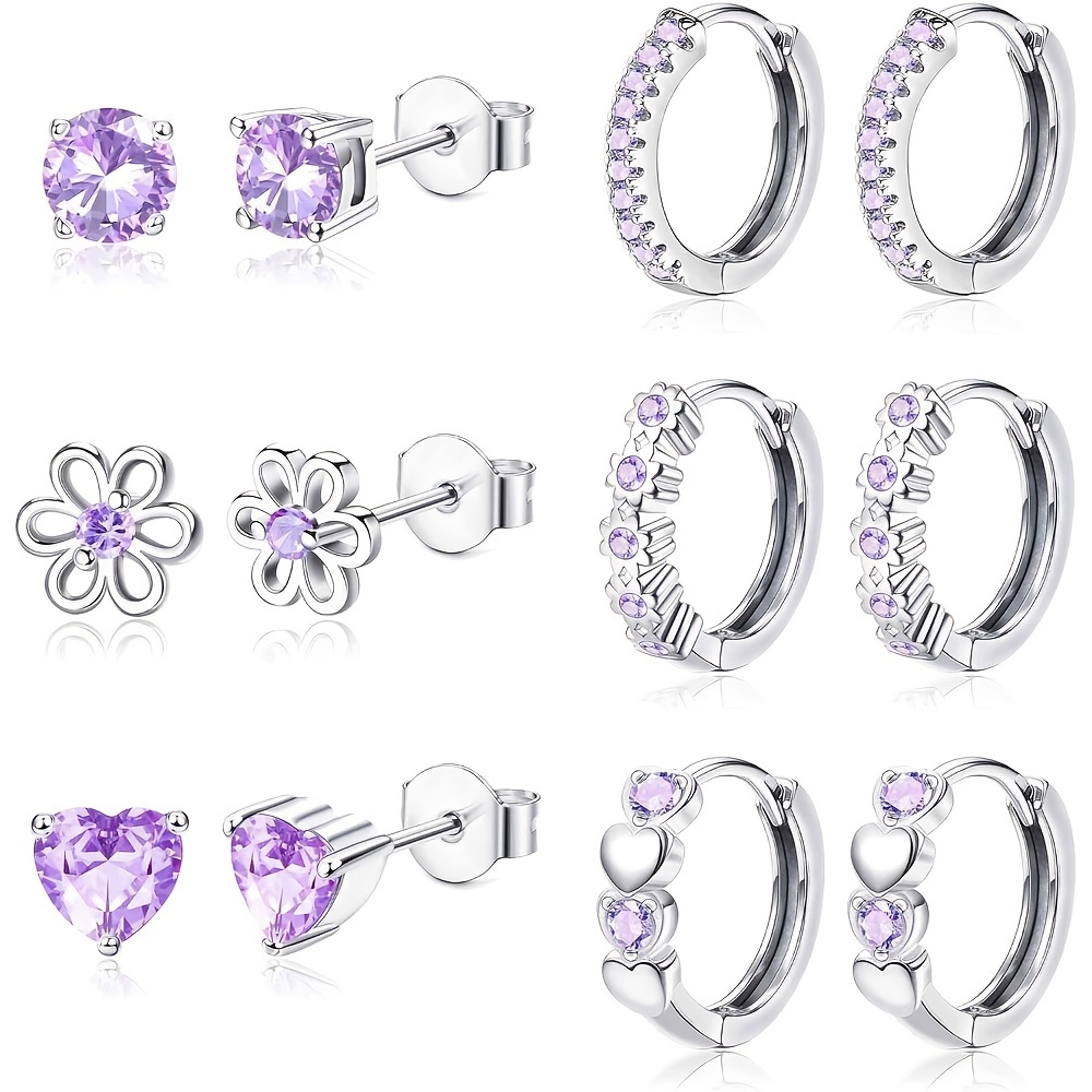 Image of 6 Pairs Earrings For Women - Hypoallergenic Cute Earrings - Cubic Synthetic Zirconia Earrings Studs Hoop Set For Sensitive Ears