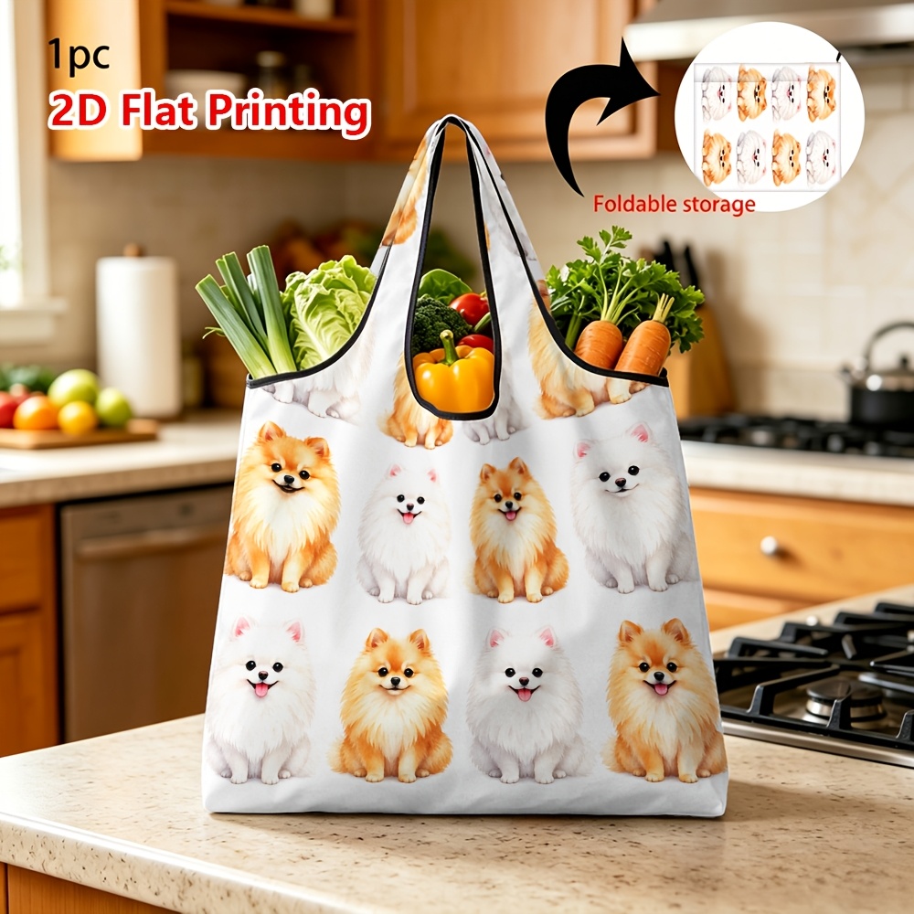 TEMU (printed Design Not Textured) 1pc Reusable Grocery Bags Foldable Cute Pomeranian Dog Print Shopping Bag For Daily Use