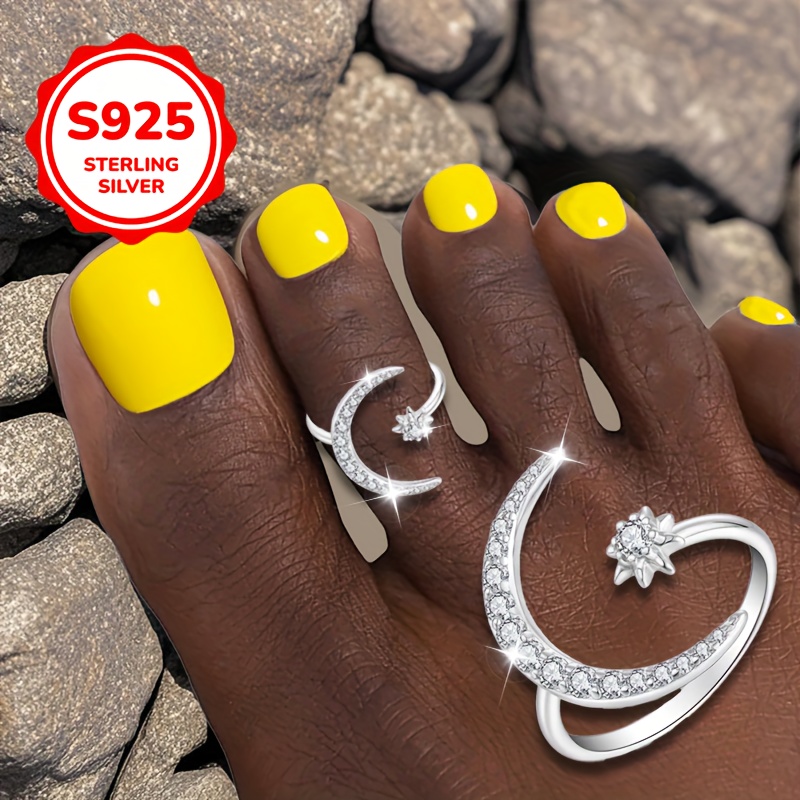 Moon & Stars CZ Open Toe Ring Set S925 Silver