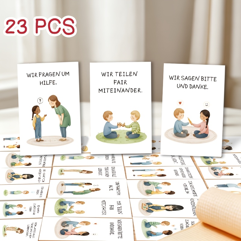 Image of 23pcs Social Emotional Flashcards, German Wait-turn & Kindness Educational Picture Cards, Good Learning Cards For Home, Teacher - Cute Watercolor German Cards