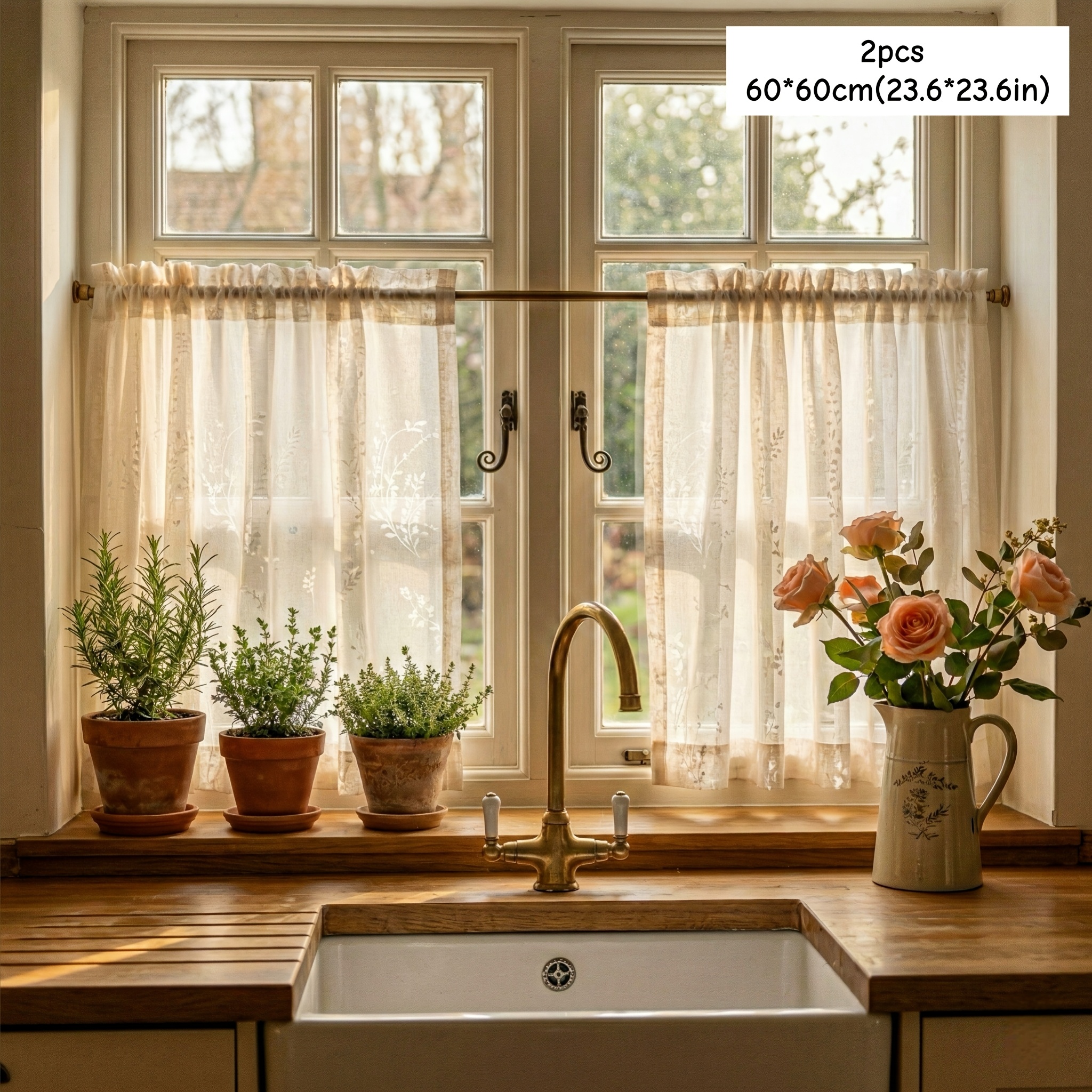 Image of 2pcs French Tier Curtains, Short Rod Pocket Curtains For Small Window, Vintage Kitchen Curtains For Farmhouse Bathroom, Light Filtering Cafe Curtains, Small Curtains For Spring