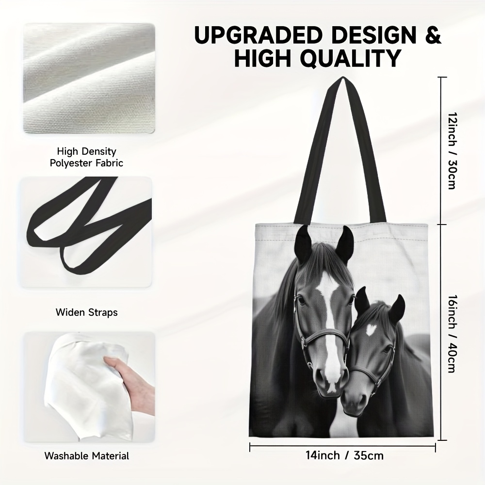 TEMU 1pc Stylish Horse Pattern Tote Bag For Women - Large Capacity Lightweight Polyester Reusable Grocery Bag, Durable Casual Shoulder Handbag For