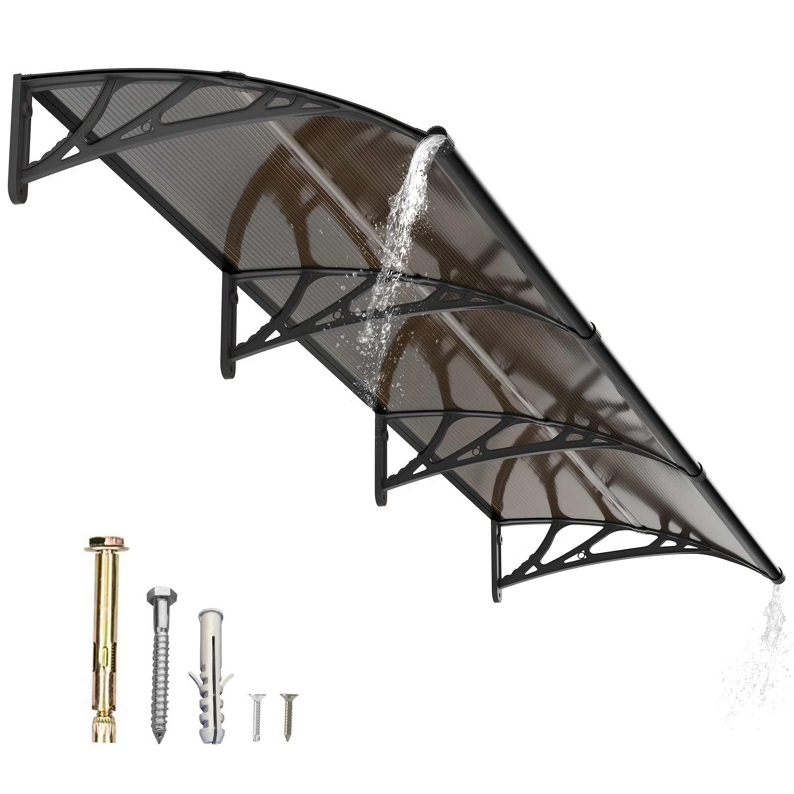 300cm*80cm Window Awning Door Canopy With Large Drainage Gutter Polycarbonate Hollow Sheet Awning Patio Door Uv Rain Snow Toldo Para Patio Awnings, Brown Panel