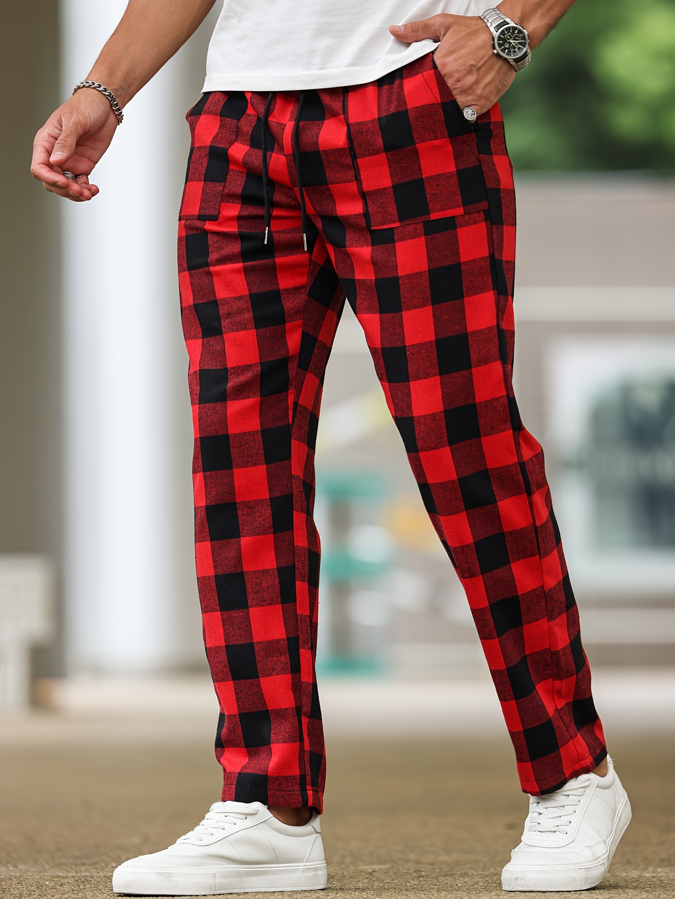 Pantalon De Pyjama Long à Carreaux Rouges Pour Homme - Coupe Décontractée Jambes Larges - Taille M