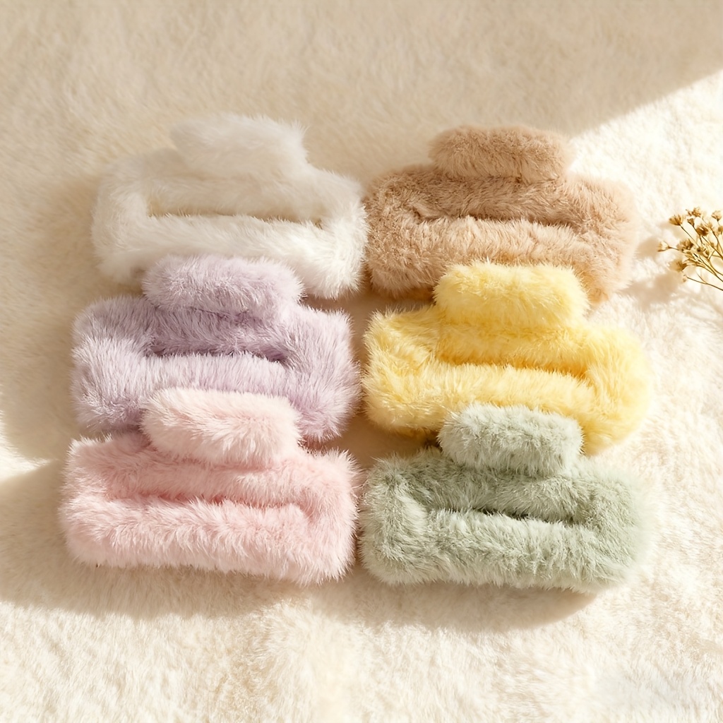 Image of 6pcs Large Size Plush Shark Hair Claw Clips Suitable For Winter Solid Color Hair Clamps, Anti Slip Hair Ring, Cute Korean Style Hair For Women & (christmas, New Year's Gift)