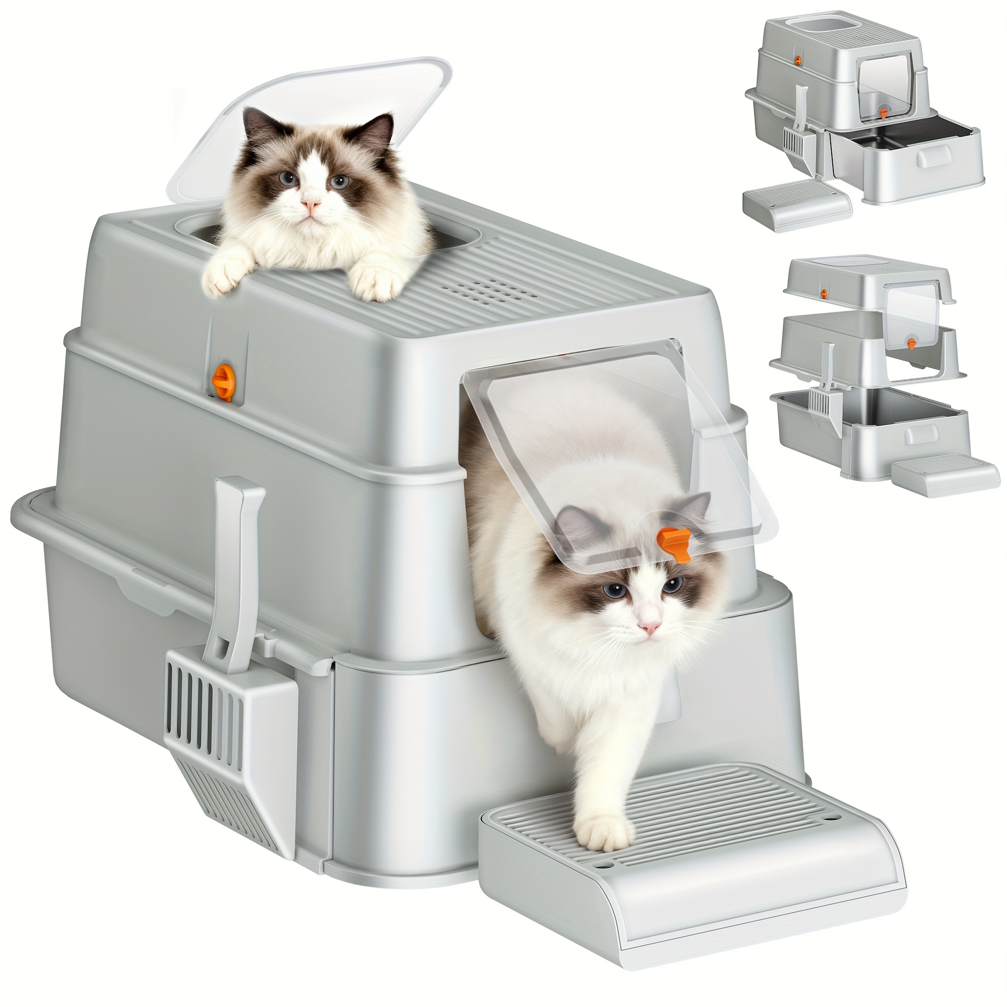 Stainless Steel Cat Litter Tray With Drawer, Easy To Clean, Cat Litter Box With Pedal And Scoop, 2 Entrances, 65l X 44w X 40h Cm, Light Grey, Without Battery