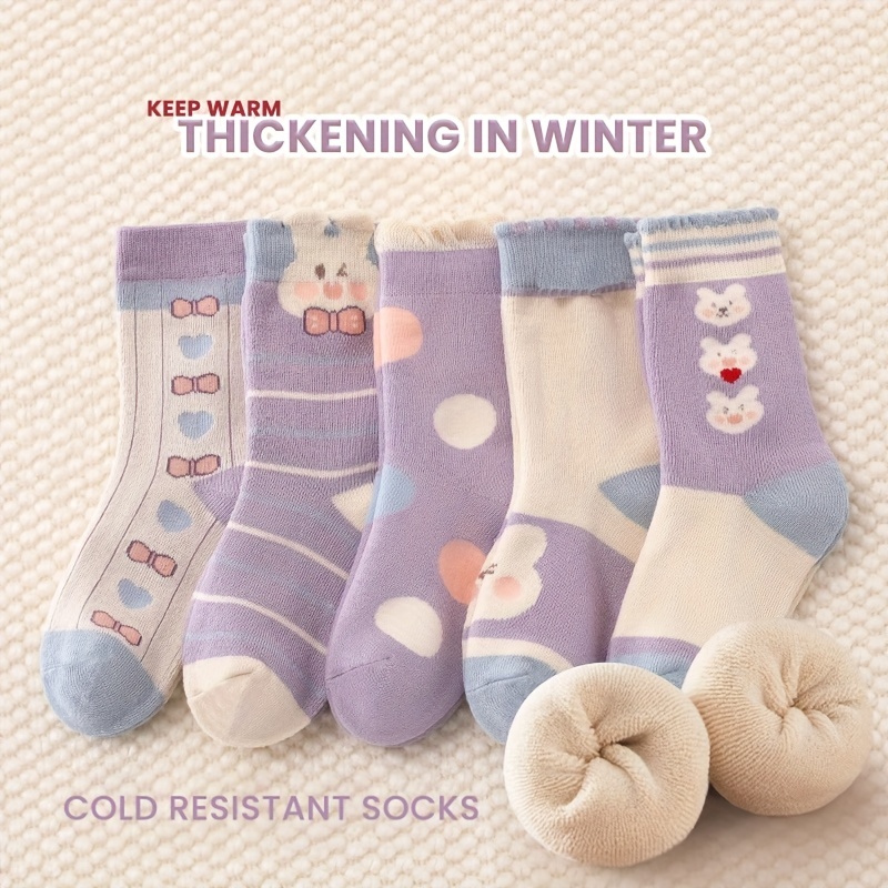 Image of 5 Pairs Girls Thick Terry Socks, Cute Cartoon Rabbit Print Mid Calf Socks, Soft Warm Winter Kids Socks, Stretchy Cuff Casual For Little Girls