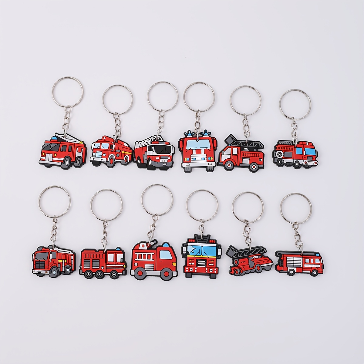 Diy 12-piece Cute Cartoon Fire Truck Series Backpack Keychain, Flat Key Ring