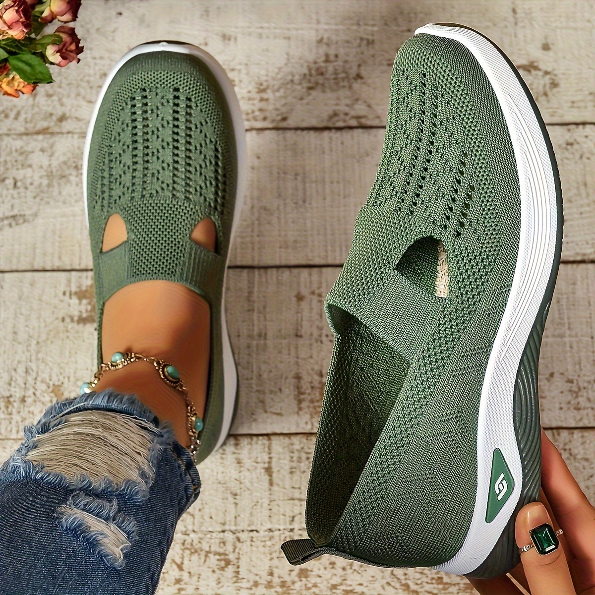 

Women's Ultra-breathable Knit Sneakers - -on, Lightweight & Comfortable Flat Shoes With Cut-out -day Wear - Outdoor And Casual Strolls, Cute Shoes