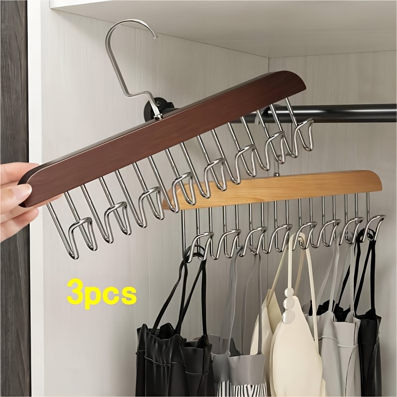 

3pcs Wooden Hangers With 8 Hooks, Space-saving Multi-functional Heavy-duty 360° Swivel Wardrobe Storage Organizer For Tank Tops, Swimwear, Bras, Scarves, Hats, Belts, Ideal Home Supplies