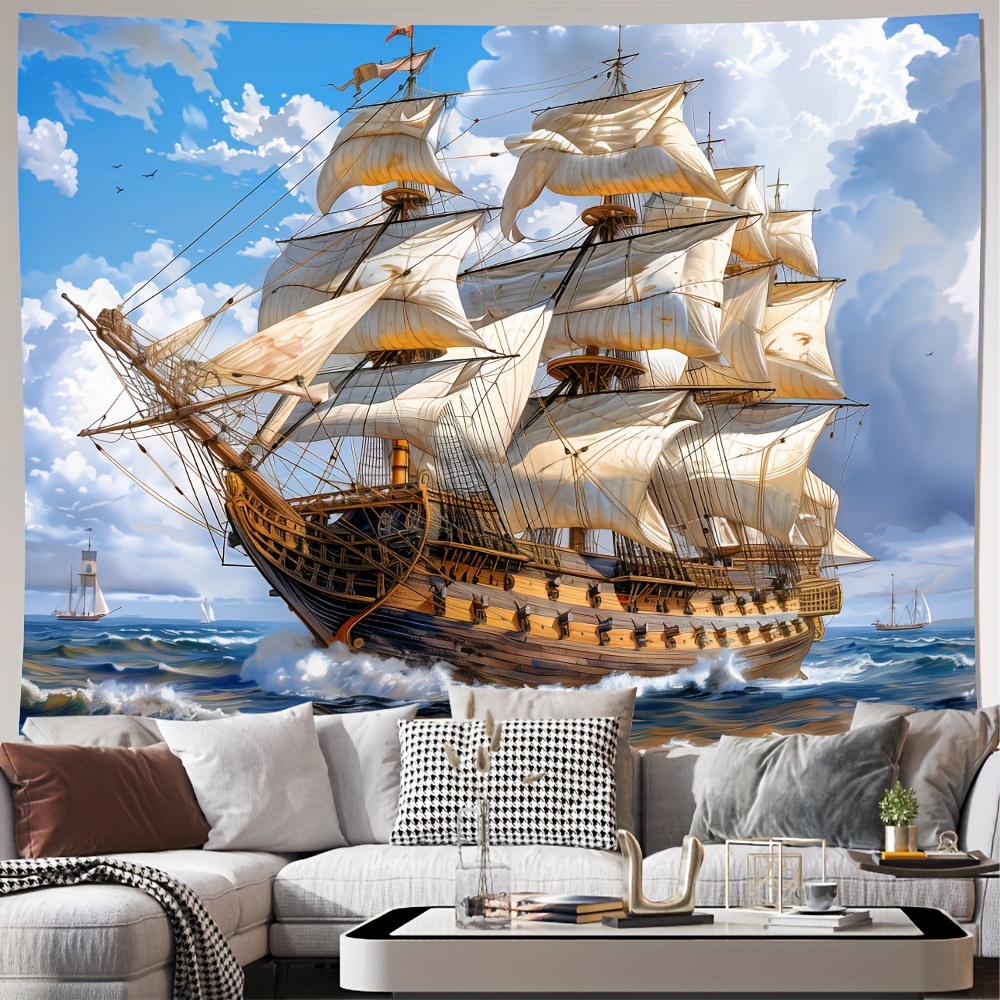 

Majestic Pirate Ship Sailboat Backdrop, Mixed Colors, Polyester, Ideal For Living Room, Bedroom, Office Decor & Party Decoration, Includes Free Installation Kit Nautical Decor Boat Decor