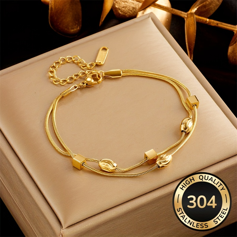 Image of Women Classic Daily Golden 304 Stainless Steel Double Layer Design Bracelet Gift