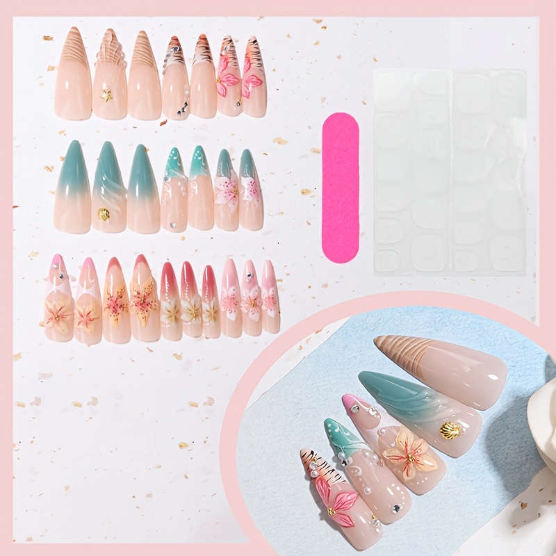 TEMU Lot de 24 faux ongles 3D à pression pour mains et pieds - longue stiletto avec dégradé de bout français (), rayure tigre , fleurs en poudre 3D,